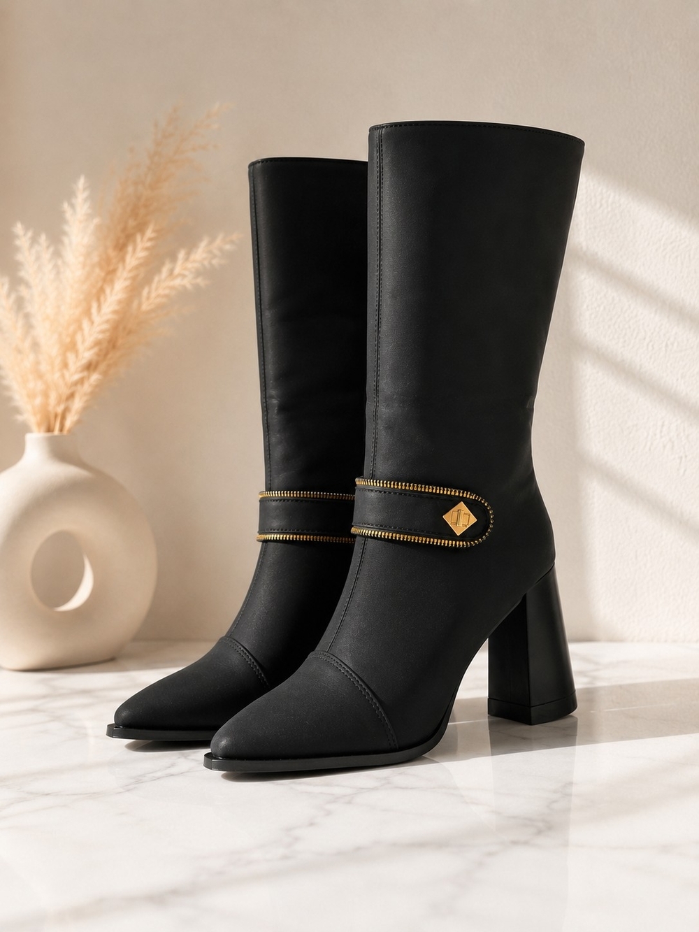 NEW Black Knee High Boots Gold Detail Block Heel Women’s Approx 7–7.5